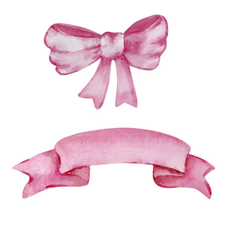 Watercolor pink ribbon banner bow for invitation and card designのイラスト素材