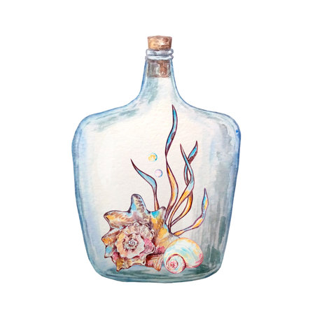 Watercolor colorful illustration of underwater life in a glass bottle for design and printの写真素材