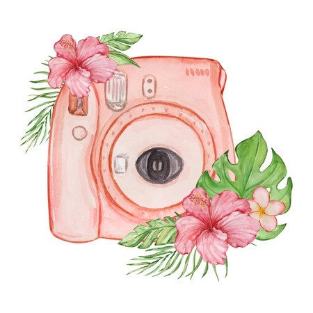 Watercolor tropical illustration of beach elements and floral for summer designの写真素材