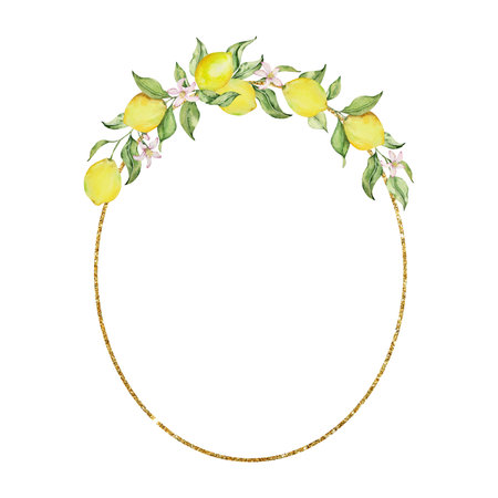 Oval golden frame with watercolor lemons, for the design of cards and invitationsの写真素材