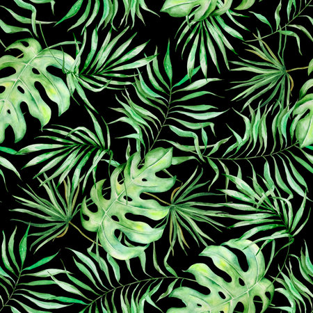 Seamless pattern of watercolor tropical leaves and branchesの写真素材