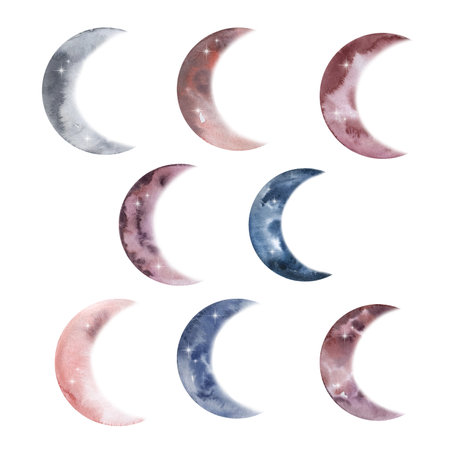 Set of watercolor colorful moons, planets, phasesの写真素材