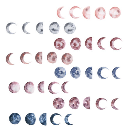 Set of watercolor colorful moons, planets, phasesの写真素材