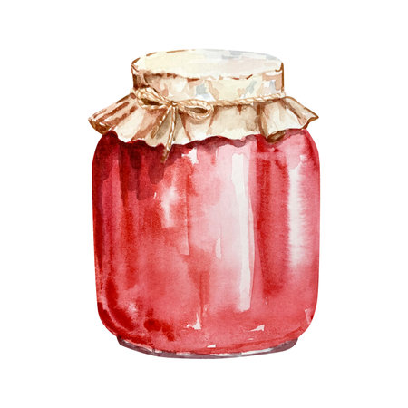 Watercolor glass jar with strawberry jamの写真素材