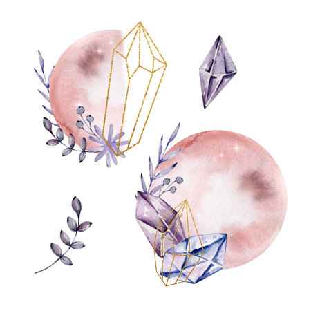 Watercolor moons with crystal and floral, mysticalの写真素材
