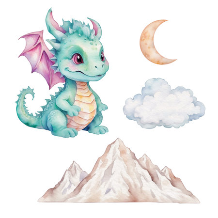 Watercolor cute baby dragon set, nurseryの写真素材