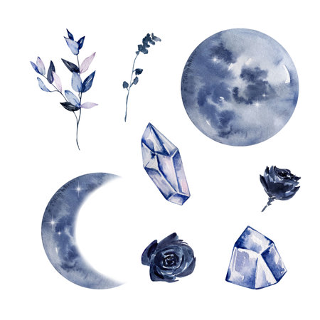 Watercolor boho moon set, mystical illustrationの写真素材