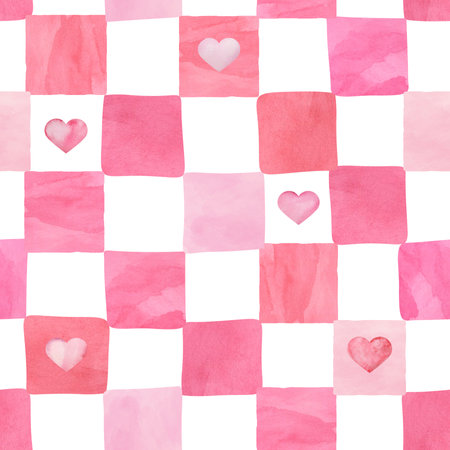 Valentine seamless pattern with watercolor pink hearts, romantic backgroundの写真素材