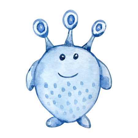 Watercolor cute blue alien, space illustrationの写真素材