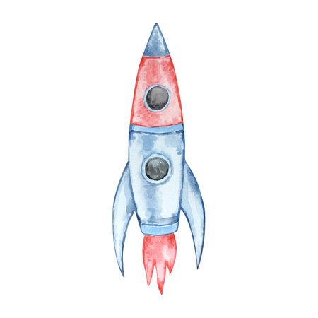 Watercolor rocket, spaceship, space illustrationの写真素材
