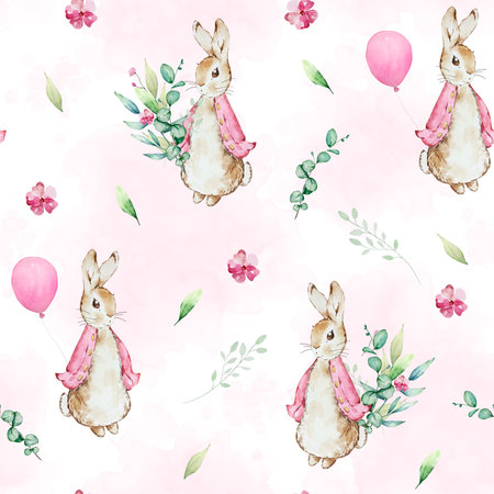 Watercolor cute Flopsy rabbit with balloon and floral seamless pattern, nursery backgroundの写真素材