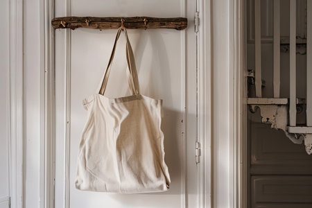 Eco cotton shopping bag with boho backgroun mockup, linen tote bag