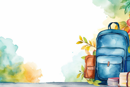 Back to school watercolor illustration of school backpack and books with copy space, bannerの写真素材