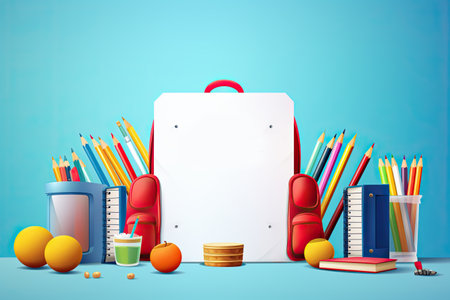 Back to school concept banner illustration, School stationery on the bright backgroundの写真素材