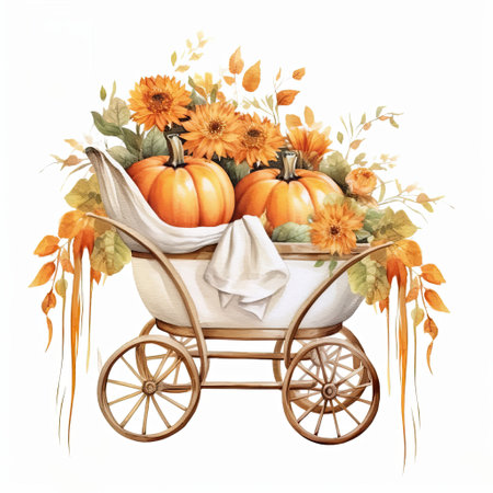 Watercolor illustration of baby carriage with autumn pumpkins, flowers and leaves, baby shower designの写真素材