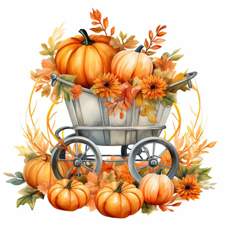 Watercolor illustration of baby carriage with autumn pumpkins, flowers and leaves, baby shower designの写真素材