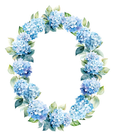 Wreath with watercolor hydrangea and leaves, floral design for cards and printの写真素材