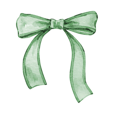 Watercolor green bow, ribbon silk, illustration for designの写真素材