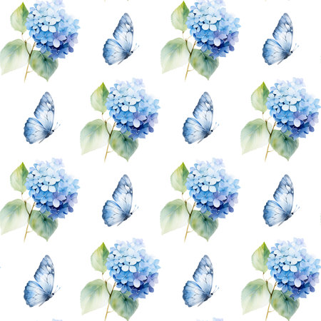 Seamless pattern with watercolor blue hydrangea and butterfly, floral backgroundの写真素材