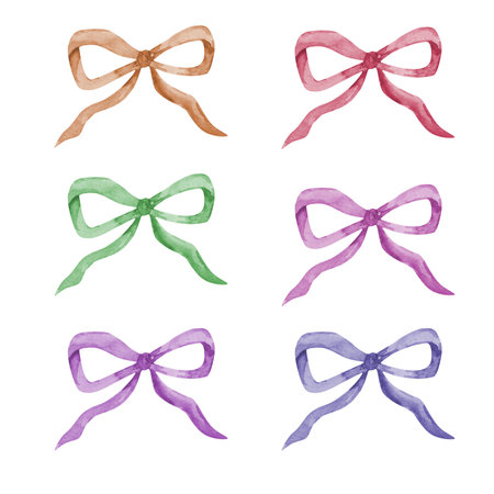 Watercolor coral bow set, ribbon silk, illustration for designの写真素材