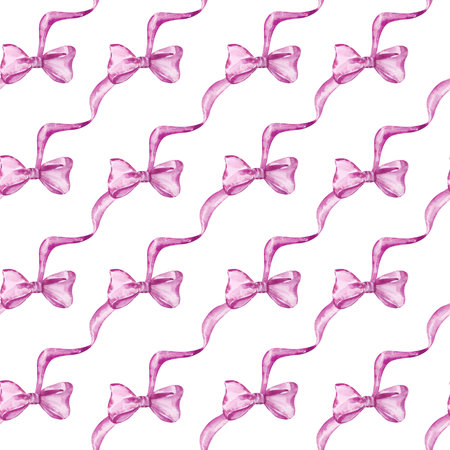 Seamless pattern with watercolor pink bows and ribbon, for print backgroundの写真素材