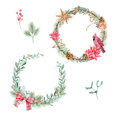 Watercolor Christmas wreaths set with winter greenery, elegant designの写真素材