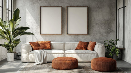 Photo frame mockup in a living room in a minimalist style, modern interior in neutral colors...