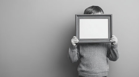 Mockup of a little child holding a frame in his hands in living room, black white backgroundの写真素材