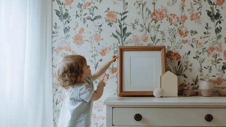 Mockup of a little child holding a frame in his hands in living room, neutral colors backgroundの写真素材