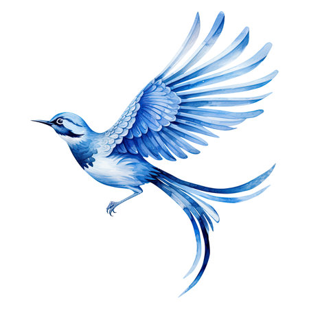 Blue and white Watercolor Bird Chinoiserie ornament vintage art, Victorian printの写真素材