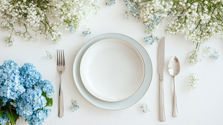Festive table setting for celebration with blue hydrangea and white flowers, plates and cutlery on light background. Design for cards and menuの写真素材