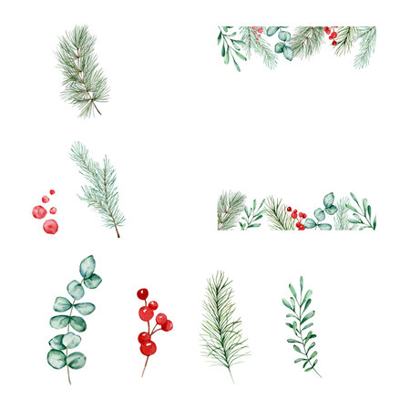 Christmas frame with watercolor winter greenery floral, elegant card designの写真素材