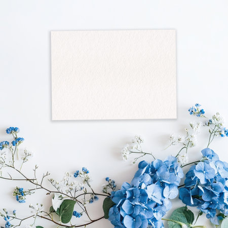 Blank white card with blue hydrangea and white flowers on white background. Floral composition with copy space. Wedding or greeting card design. Design for invitation, banner, and poster.の写真素材