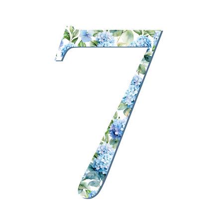 Watercolor hydrangea flowers blue number 7 for card design, initials, monogram print