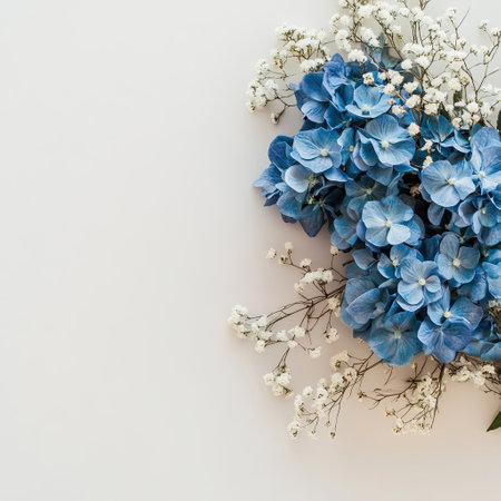 Blue hydrangea and small flowers on white background with copy space, top view. Flyer template, Greeting card or cover designの写真素材