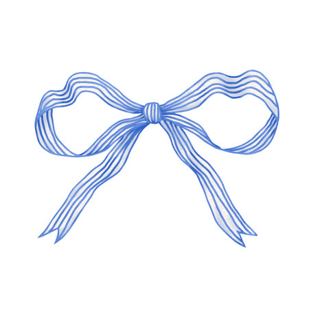 Blue and white striped bow in watercolor style, classic shape bow of chinoiserie style, for design and decoration invitation and cardsの写真素材