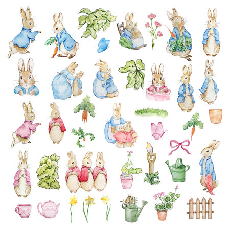 Watercolor Peter Rabbit set, illustration fairy tale children's bookの写真素材