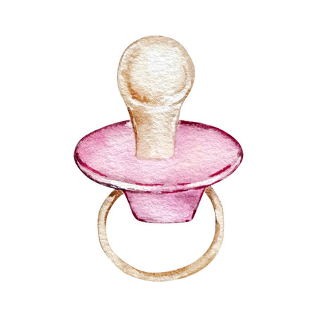 Watercolor image of baby pacifier hand painted newborn essentials in soft pink pastel colors for...