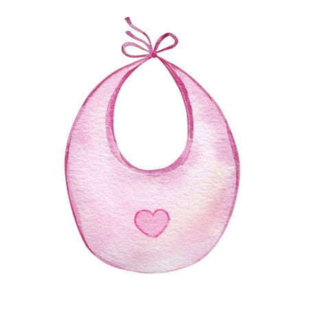 Watercolor image of baby bib, hand painted newborn essentials in soft pink pastel colors for baby shower or birthday party decoration.の写真素材