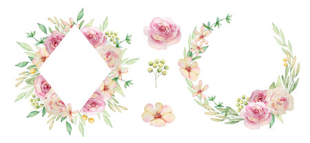 Elegant Floral decoration frames with watercolor pink flowers and green leaves for design and printの写真素材