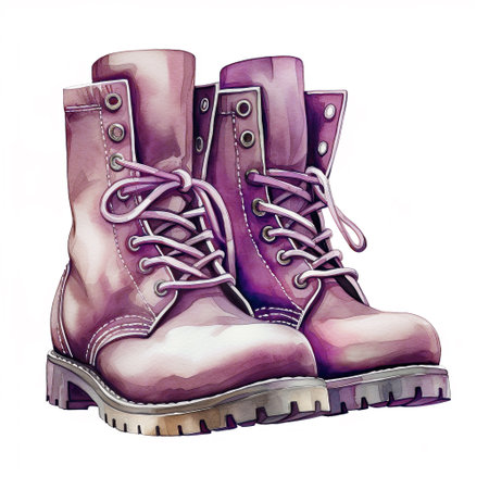 Illustration of a Pink Pair of Lace-up Boots in Watercolor Style, for Autumn, Harvest, Hiking and Modern Designs.の写真素材