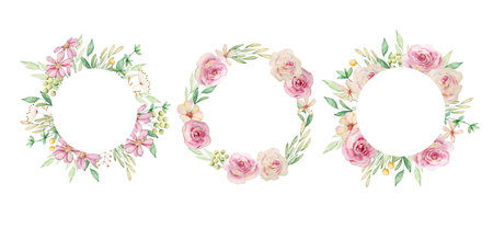 Elegant Floral decoration frames with watercolor pink flowers and green leaves for design and printの写真素材