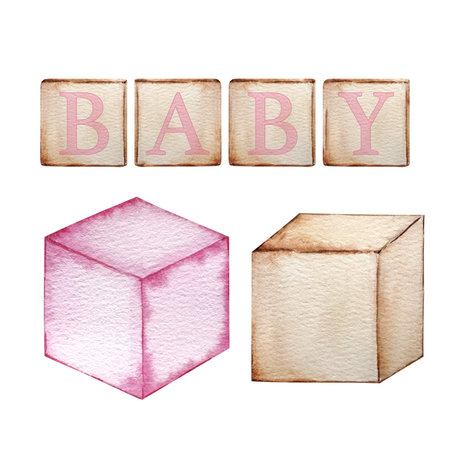 Set of Watercolor images of baby toys, in beige pastel colors, essentials for baby shower or birthday party decoration.の写真素材