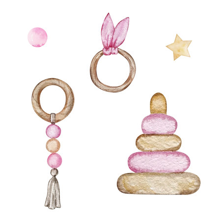 Set of Watercolor images of baby toys, in beige pastel colors, essentials for baby shower or birthday party decoration.の写真素材