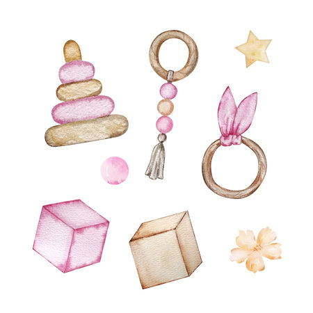 Set of Watercolor images of baby toys, in beige pastel colors, essentials for baby shower or birthday party decoration.の写真素材