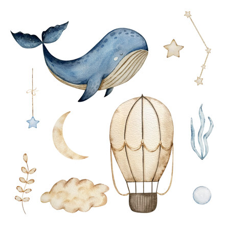 Watercolor Whale and Balloon set, dreamy design for decorating banners, invitations and cards..の写真素材