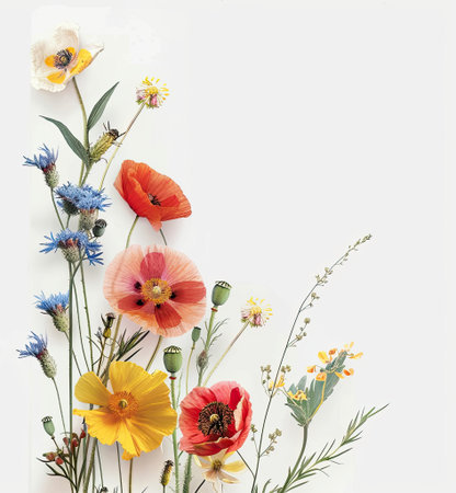 Bouquet of wildflowers and leaves, summer meadow background for design and print