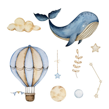 Watercolor Whale and Balloon set, dreamy design for decorating banners, invitations and cards..の写真素材