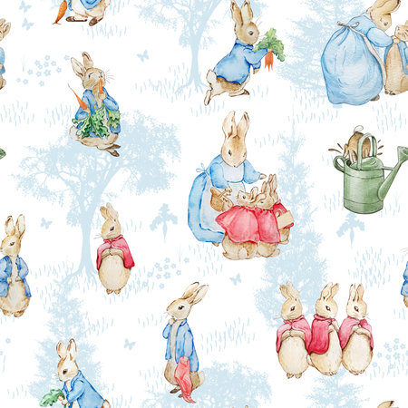 Seamless pattern with characters Peter Rabbit and friends, fairy tale background for printing and design.の写真素材