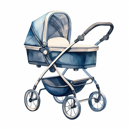 Watercolor stroller for newborn baby, cute blue carriage, illustration for print and design.の写真素材